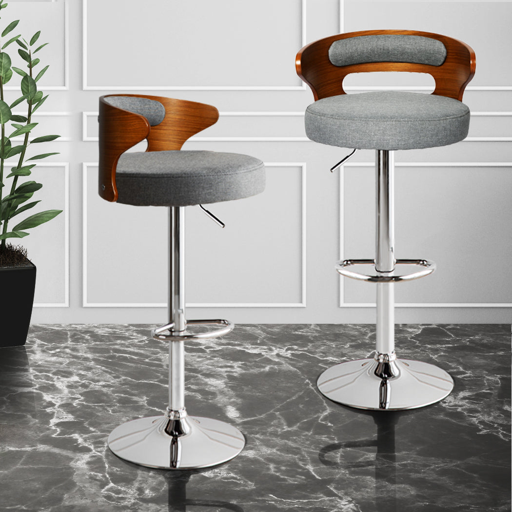 85cm Leipzig Kitchen Bar Stools Gas Lift Wooden Beech Stool Metal Barstools - Grey & Silver