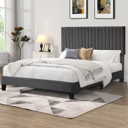 Cheyenne Bed Frame Base Platform Wooden Velvet with Headboard Grey - Double