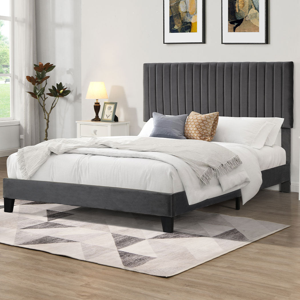 Cheyenne Bed Frame Base Platform Wooden Velvet with Headboard Grey - Queen