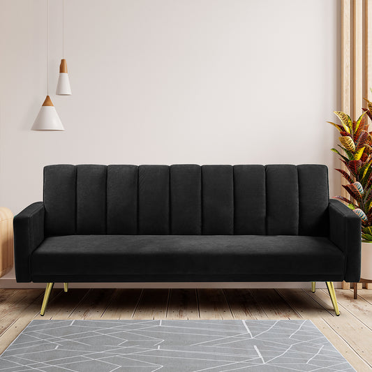Mari 3-Seater Sofa Bed Convertible Velvet Lounge Recliner Couch Sleeper - Black