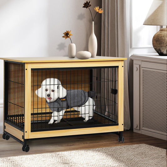 Wooden Wire Dog Kennel Side End Table Steel Puppy Crate Indoor Pet House M - Wood Medium