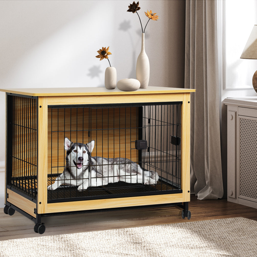 Wooden Wire Dog Kennel Side End Table Steel Puppy Crate Indoor Pet House XXL - Wood XXL