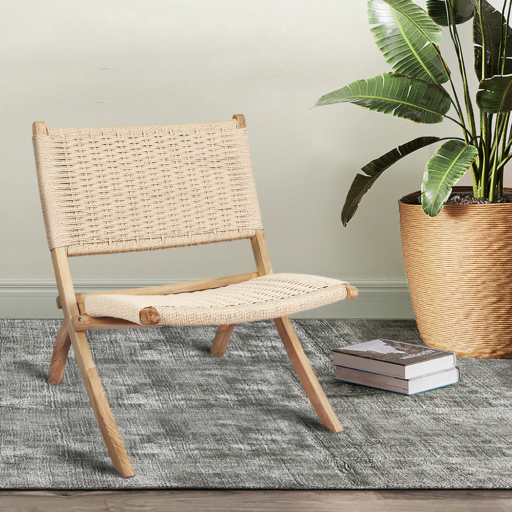 Foldable Single Deck Chair Solid Wood Kraft Rope Paper Woven Seat - Natural