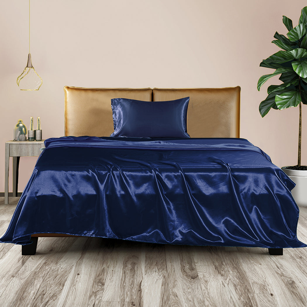 Single Dreamz Silky Satin Sheets Fitted Flat Blue