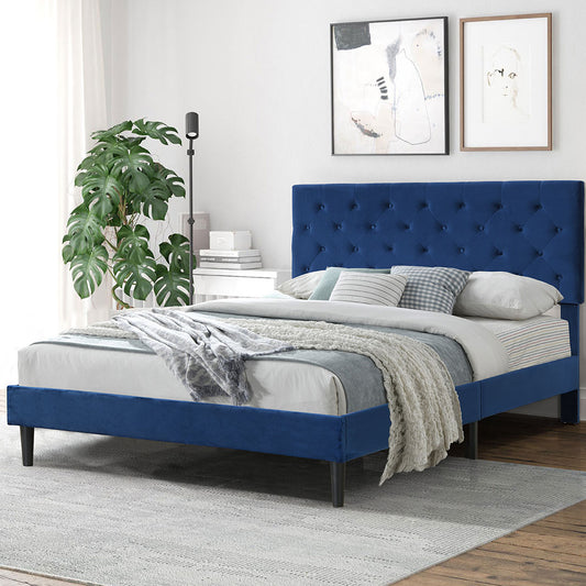 Assen Bed Frame Base Platform Wooden Velvet with Headboard Blue - Double