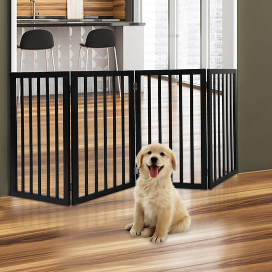 4 Panels Wooden Pet Gate Dog Fence Safety Stair Barrier Security Door Black