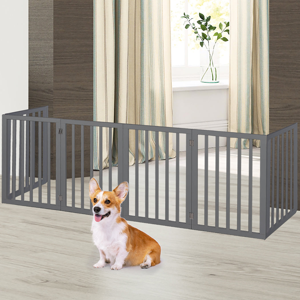 Wooden Pet Gate Dog Fence Safety Stair Barrier Security Door 6 Panels Grey