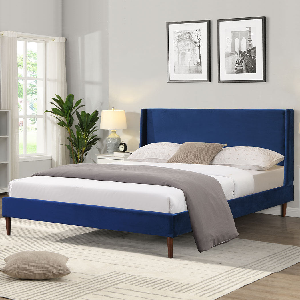 Erin Velvet Headboard Wooden Bed Frame - Blue Double