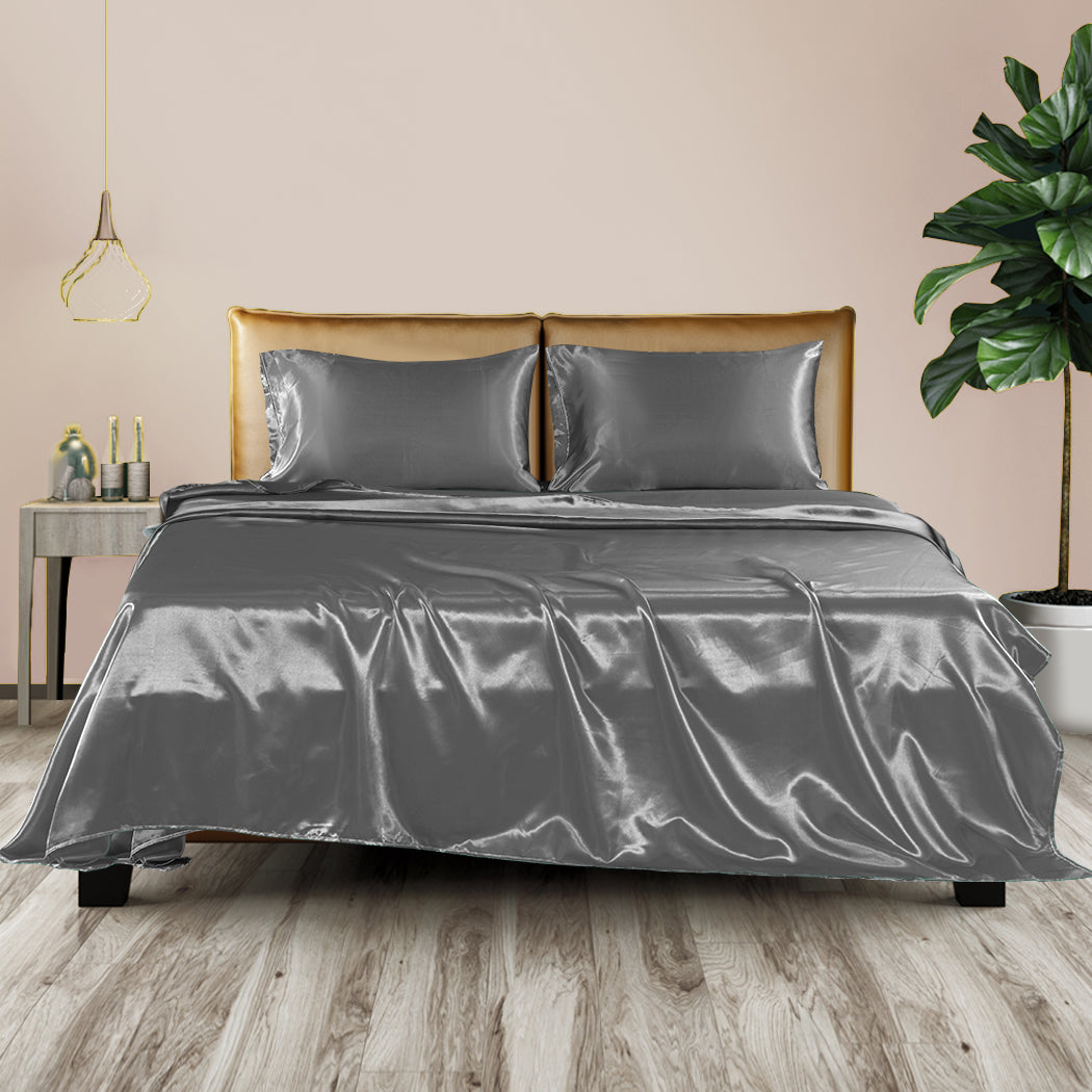 Double Dreamz Silky Satin Sheets Fitted Grey