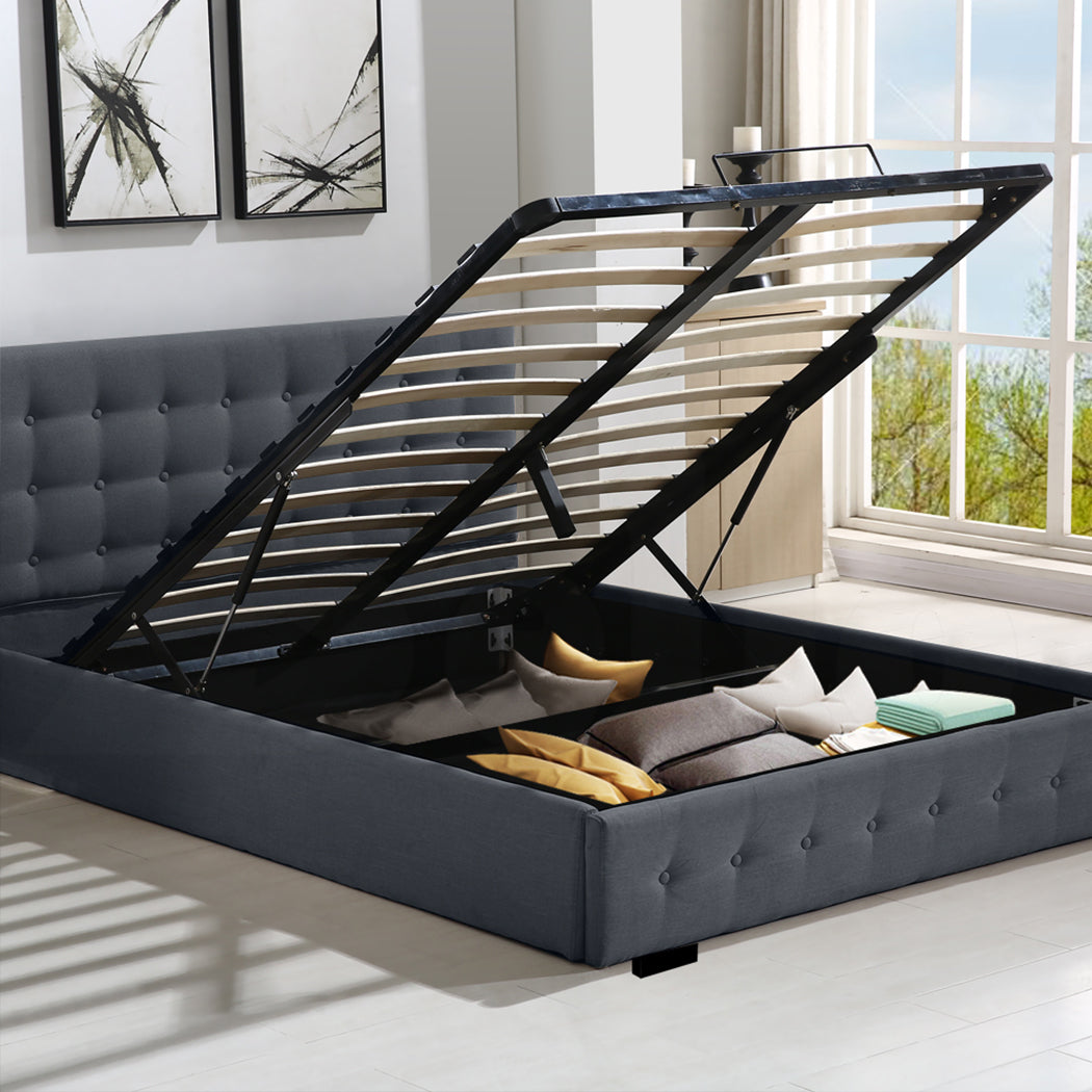 Syke Gas Lift Bed Frame Fabric Base with Storage - Dark Grey Queen