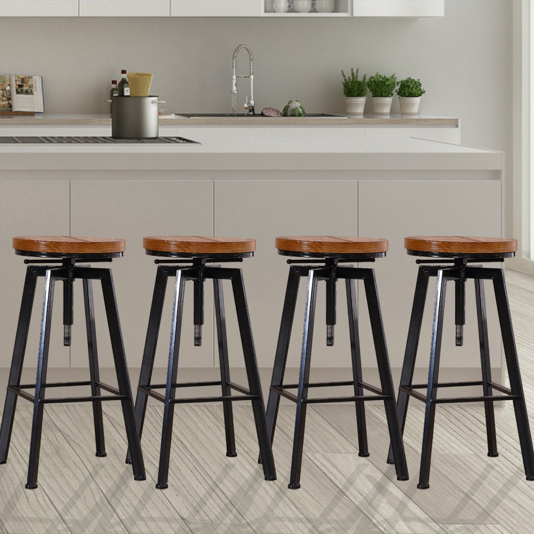 Set of 4 Catania Industrial Bar Stools Kitchen Stool Wooden Barstools Swivel Vintage - Wood