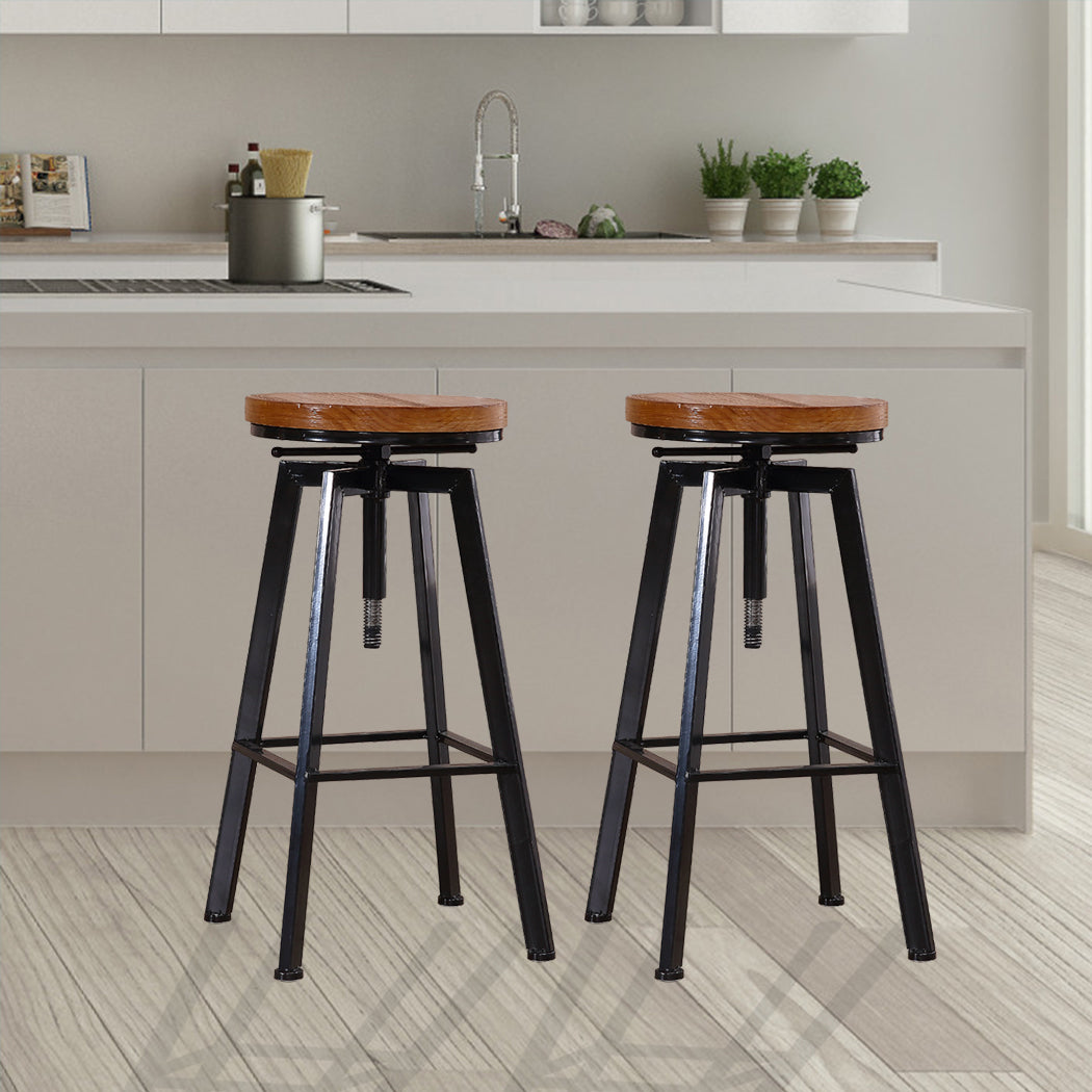 Set of 2 Catania Industrial Bar Stools Kitchen Stool Wooden Barstools Swivel Chiars - Wood