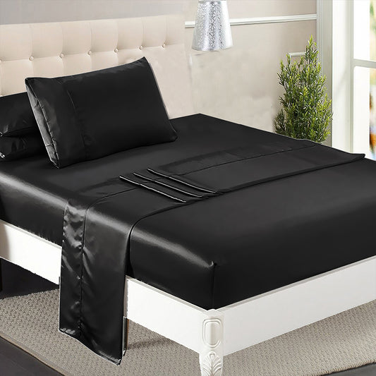 Single Dreamz Silky Satin Sheets Fitted Flat Black