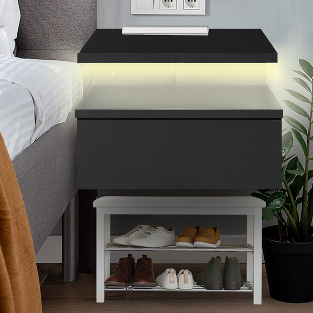 Set of 2 Digby LED Bedside Tables LED Side Table Storage Floating Nightstand X2 - Black