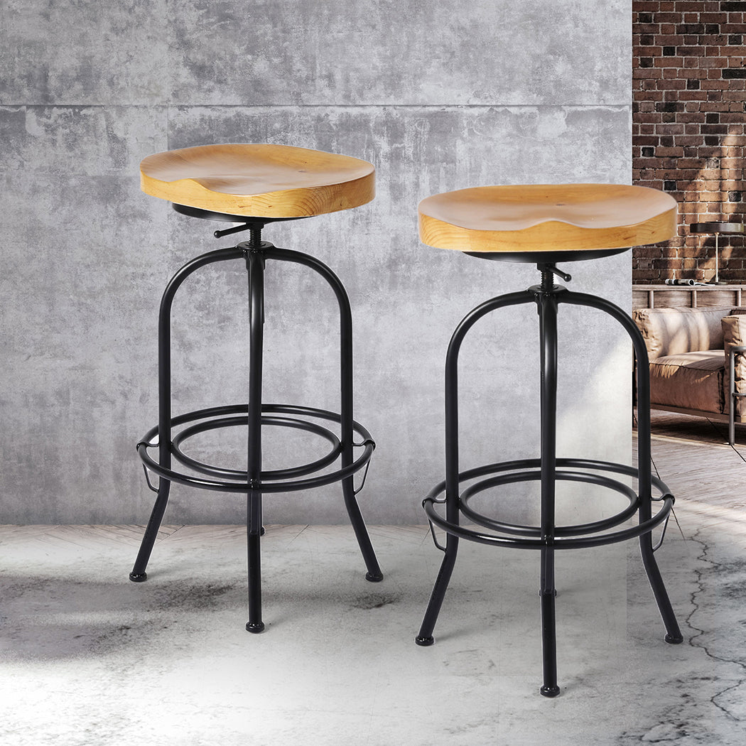 90cm Lorient Industrial Bar Stools Kitchen Stool Wooden Barstools Swivel Vintage Chair - Black & Wood