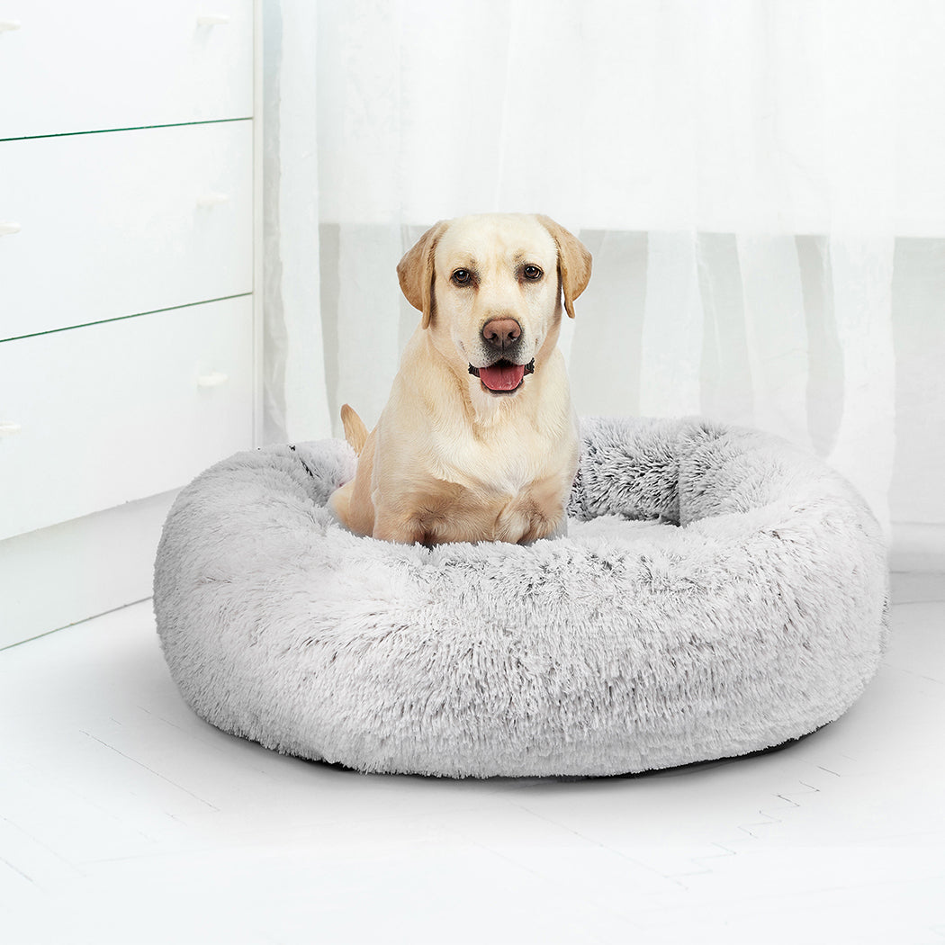 Foxhound Dog Beds Pet Cat Donut Nest Calming Mat Soft Plush Kennel - White with Coffee Hint MEDIUM