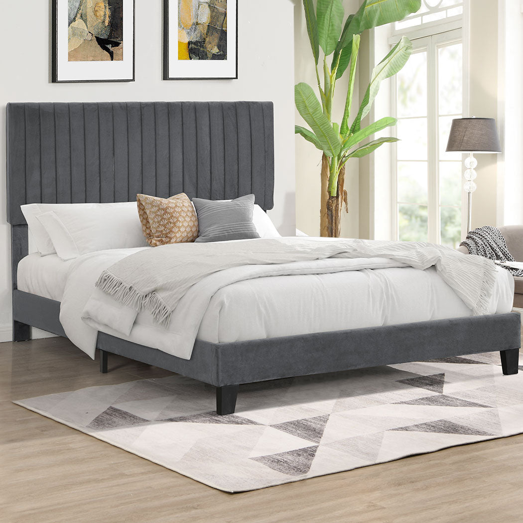 Cheyenne Bed Frame Base Platform Wooden Velvet with Headboard Grey - Double