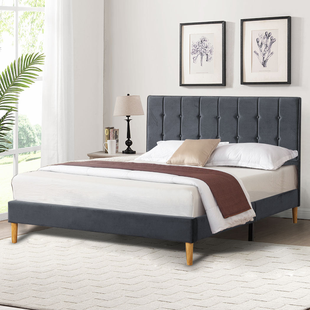 Venlo Bed Frame Base Platform Wooden Velvet with Headboard Grey - Double