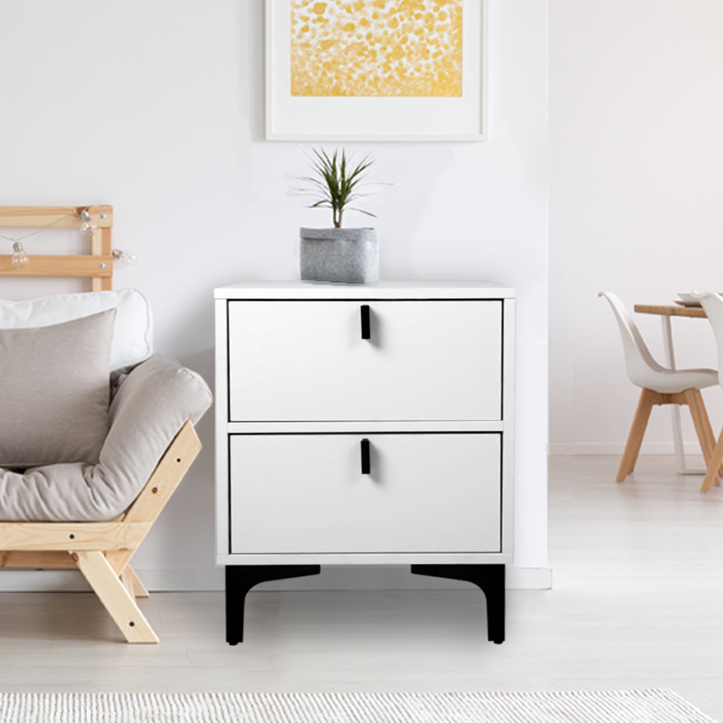 Lethbridge Wooden Steel Frame Bedside Tables Side Table Bedroom Nightstand Storage Cabinet with 2 Drawers - White