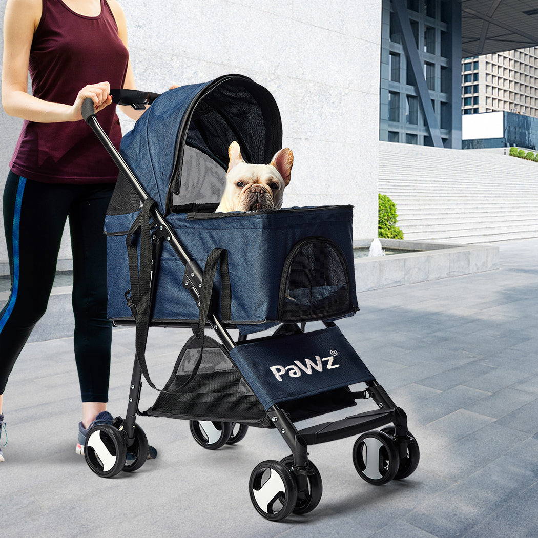 Pet Stroller Dog Cat Pram Foldable Carrier 4 Wheels Travel Pushchair Blue Large