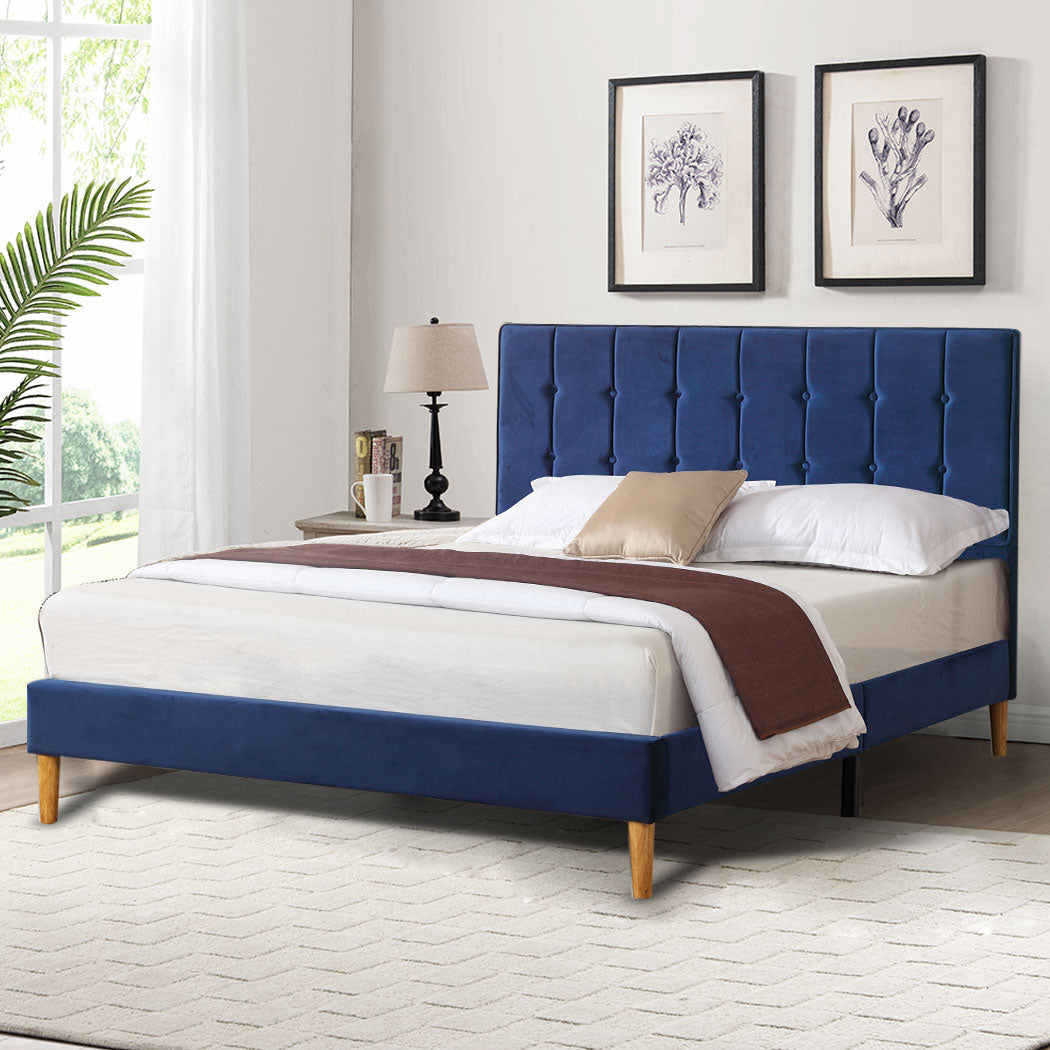 Venlo Bed Frame Base Platform Wooden Velvet with Headboard Blue - Queen