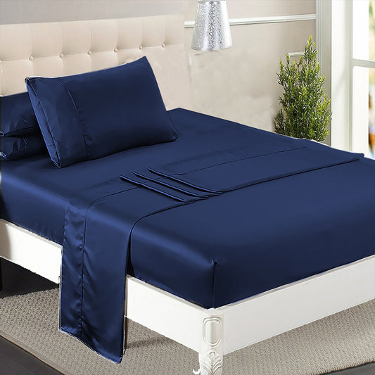 Single Dreamz Silky Satin Sheets Fitted Flat Blue