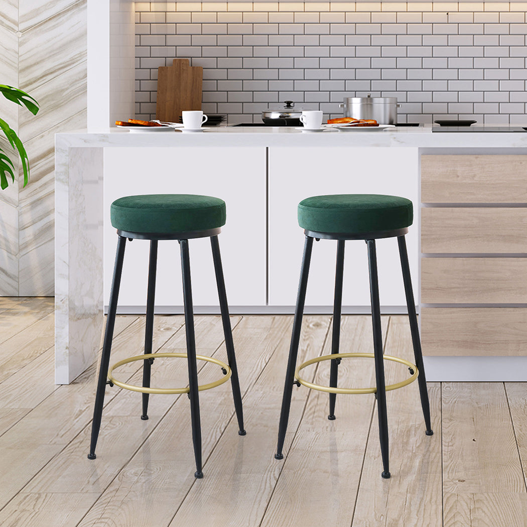 Set of 2 Amsterdam Upholstered Bar Stools Backless Velvet Kitchen Counter Chairs - Black Teal & Gold