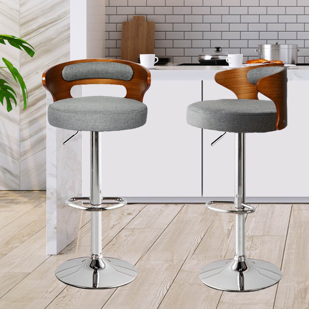 85cm Leipzig Kitchen Bar Stools Gas Lift Wooden Beech Stool Metal Barstools - Grey & Silver