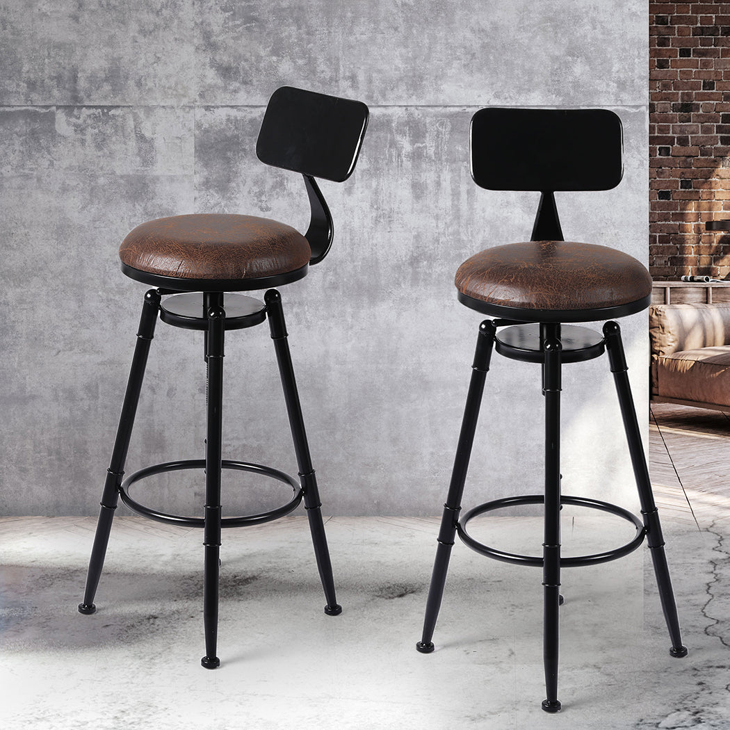 Set of 2 Chambery Industrial Bar Stools Kitchen Stool PU Leather Barstools Chairs - Black & Brown