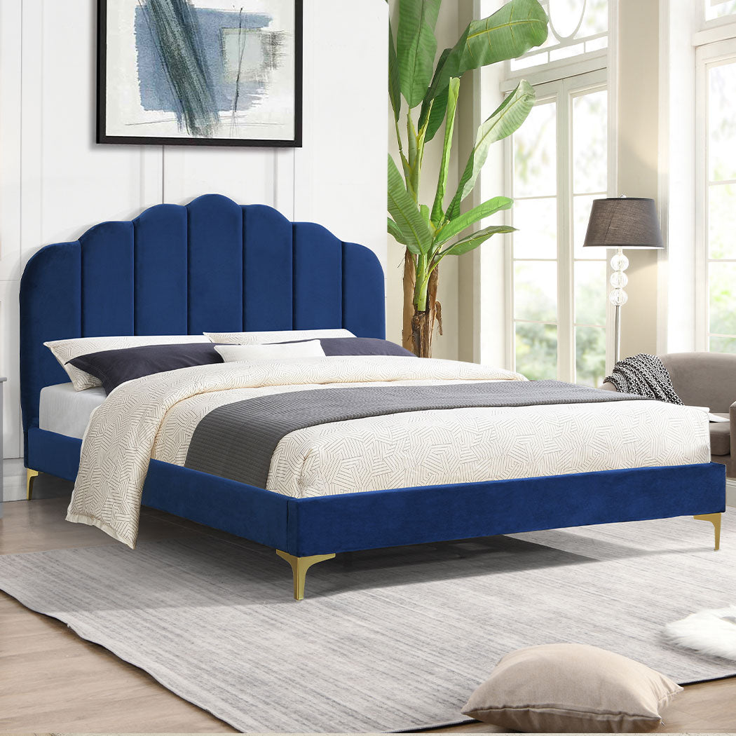 Ariana Bed Frame Base Platform Wooden Velvet with Headboard Blue - Queen