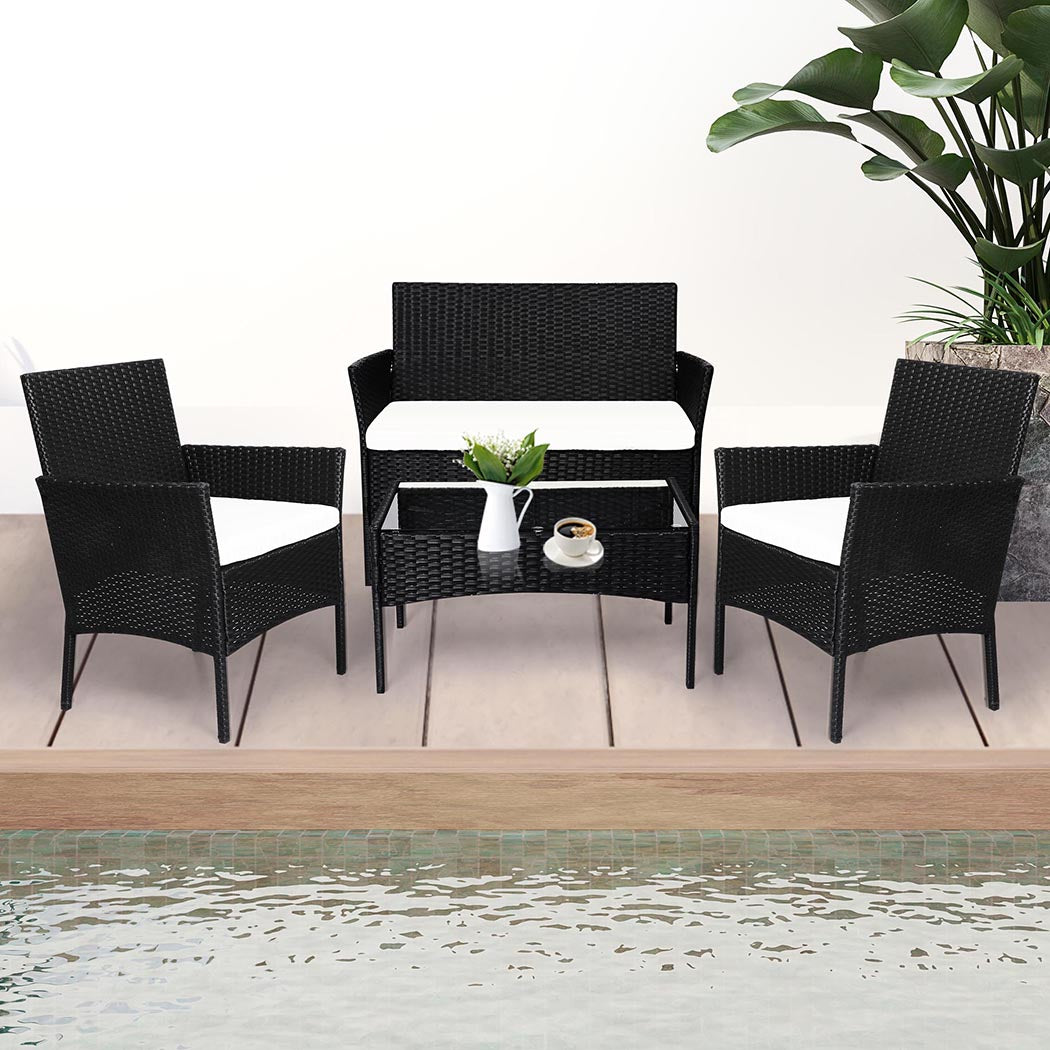 Marcel 4-Seater Furniture Patio Garden Table Chairs Wicker Seat 4-Piece Outdoor Setting - Wood