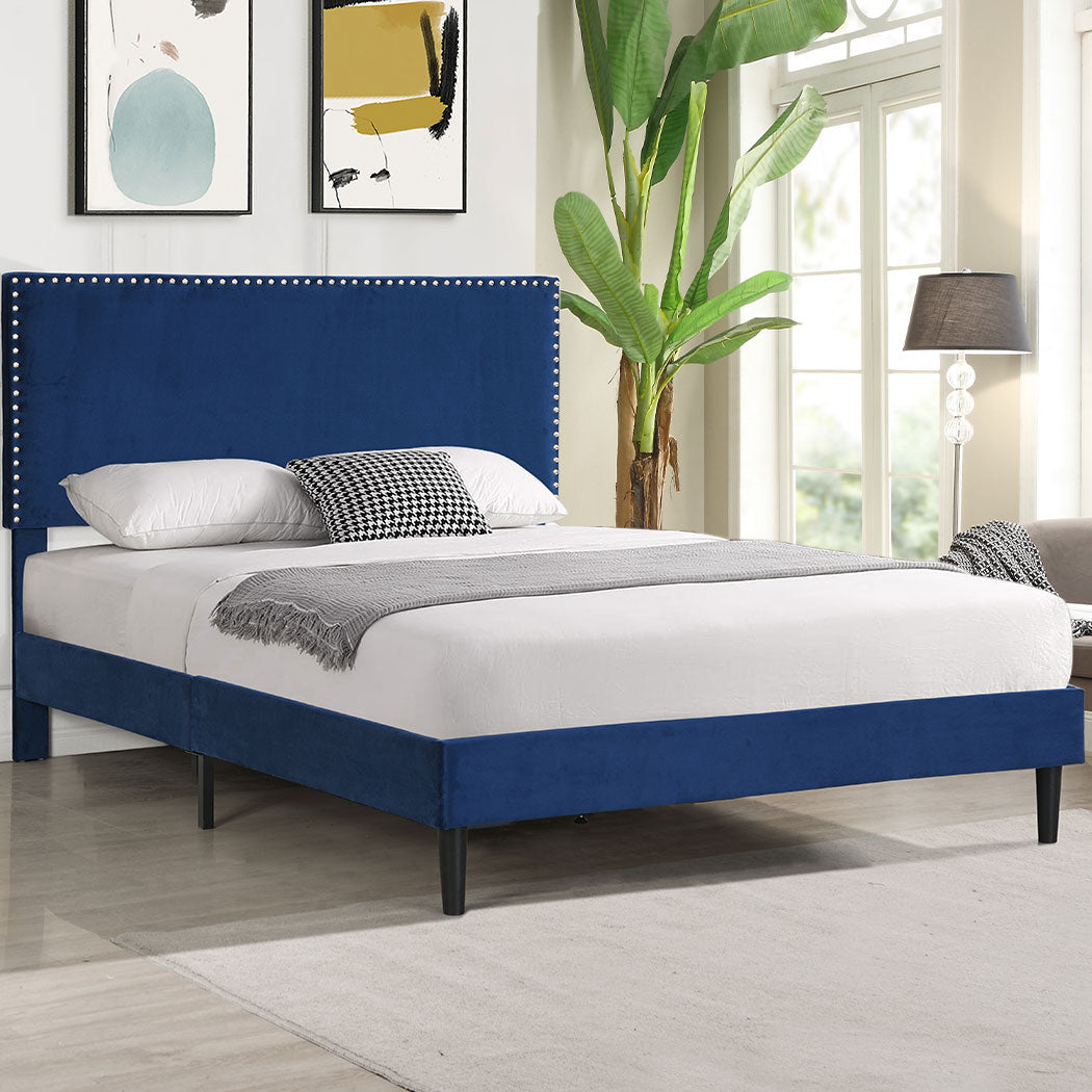 Velsen Bed Frame Base Platform Wooden Velvet with Headboard Blue - Double