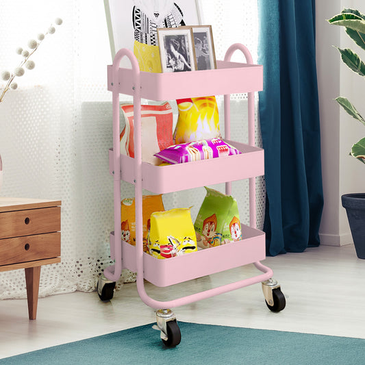 3 Tiers Kitchen Trolley Cart Steel Storage Rack Shelf Organiser Wheels Pink