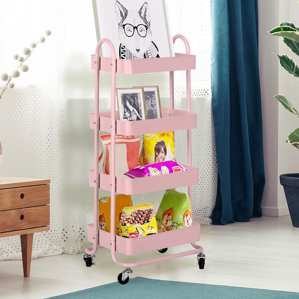 4 Tiers Kitchen Trolley Cart Steel Storage Rack Shelf Organiser Pink