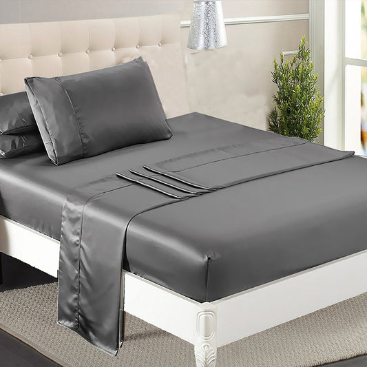 Single Dreamz Silky Satin Sheets Fitted Flat Grey Dark Grey