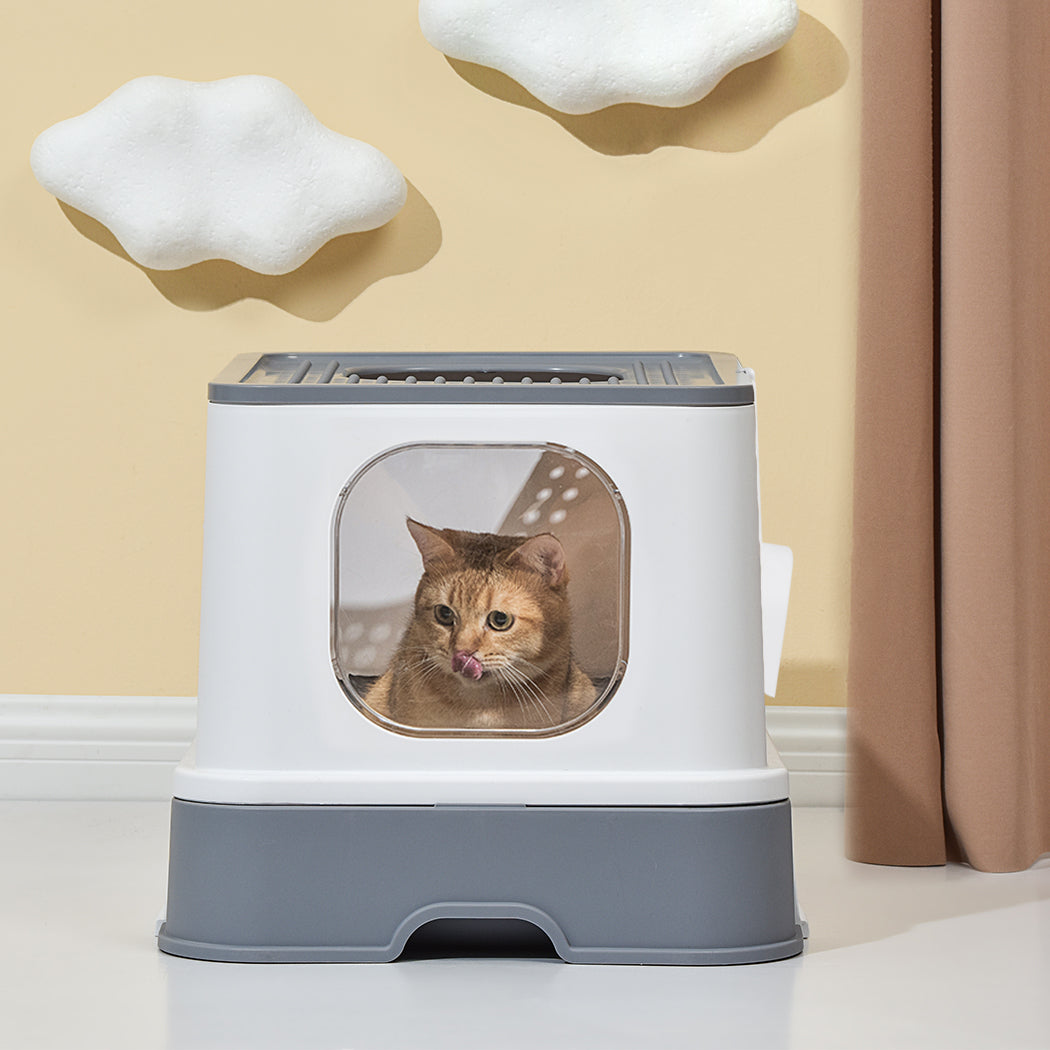 Cat Litter Box Fully Enclosed Kitty Toilet Trapping Sifting Odor Control Basin - Grey