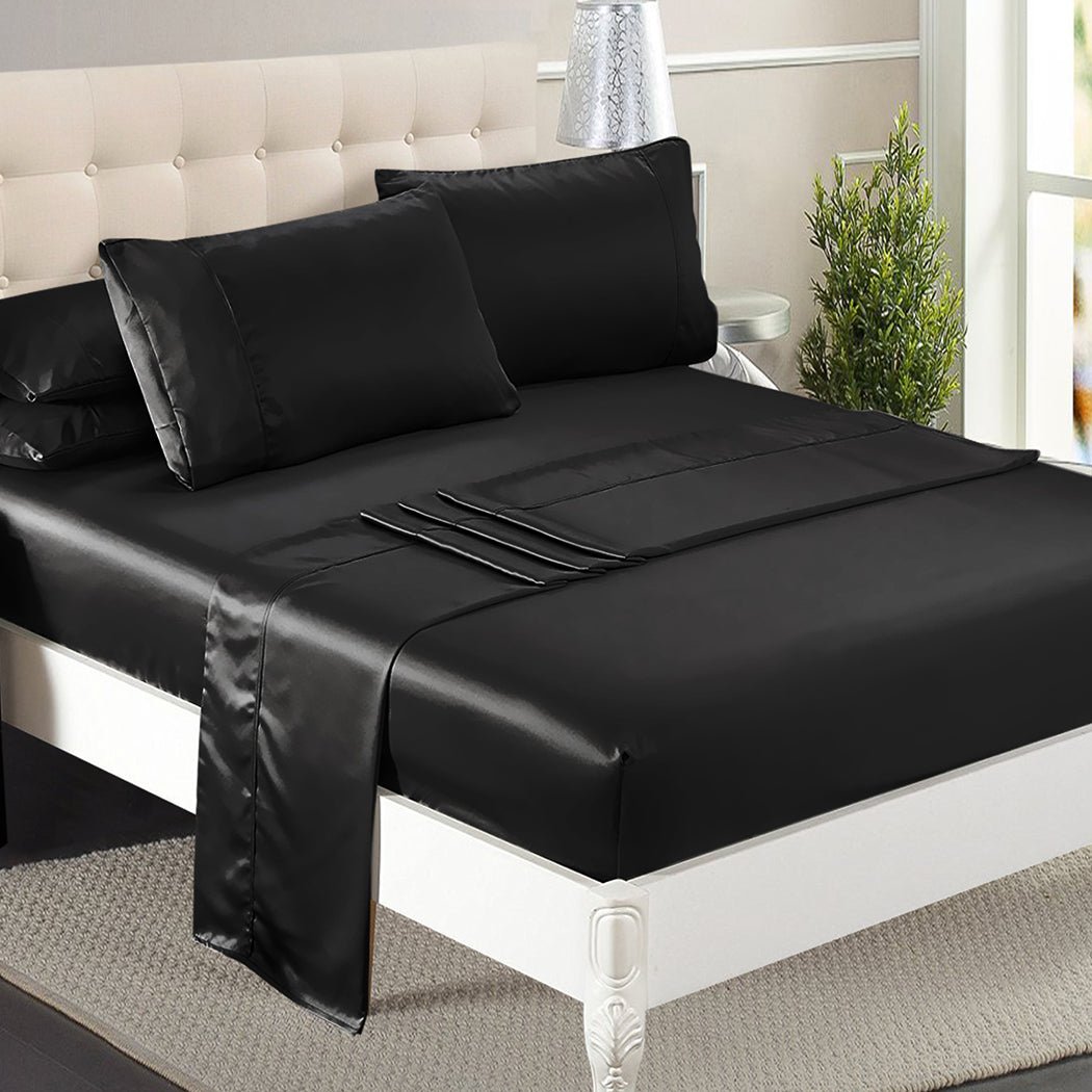 Queen Dreamz Silky Satin Sheets Fitted Flat Black