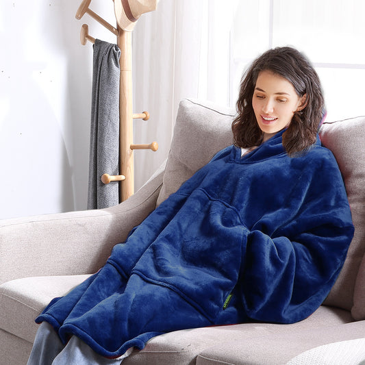 Winona Soft Blanket Plush Warm Fleece Sherpa Hoodie Sweatshirt Huggle Pajamas - Navy