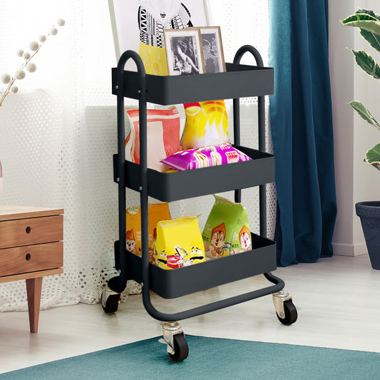 3 Tiers Kitchen Trolley Cart Steel Storage Rack Shelf Organiser Wheels Grey