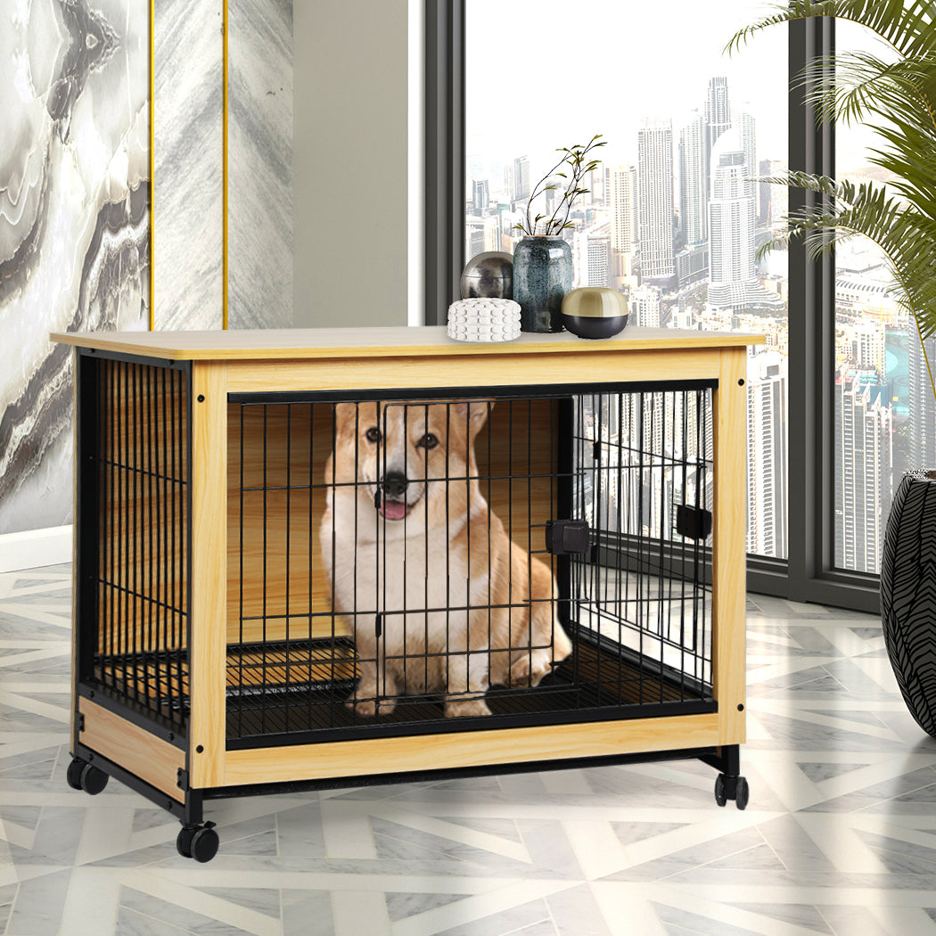 Wooden Wire Dog Kennel Side End Table Steel Puppy Crate Indoor Pet House - Wood Large