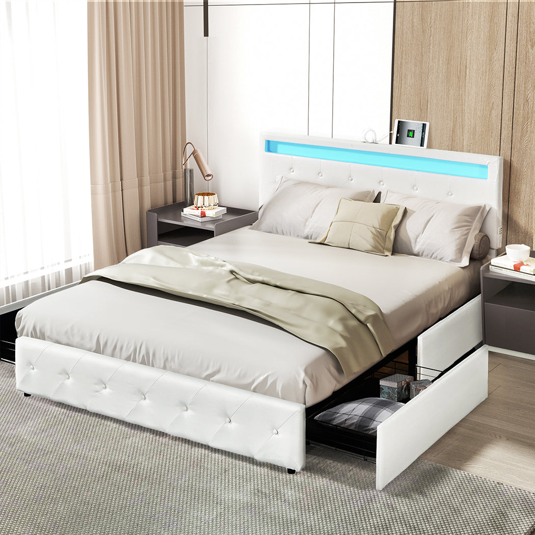 Quinn Bed Frame RGB LED PU 4 Drawer USB - White Queen