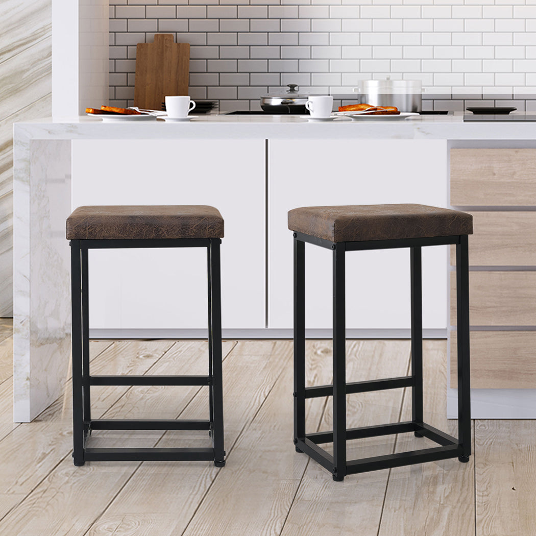 Set of 2 Stockholm Upholstered Bar Stools Backless Leather Metal Kitchen Counter Chairs - Black Brown