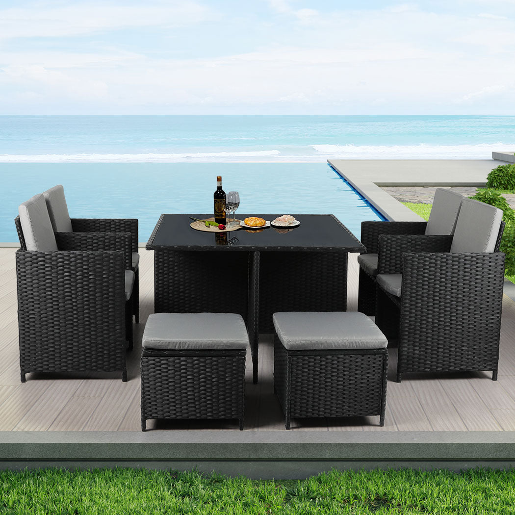 Jack 8-Seater Patio Furniture Dining Garden Lounge 9-Piece Outdoor Table And Chair Set - Black