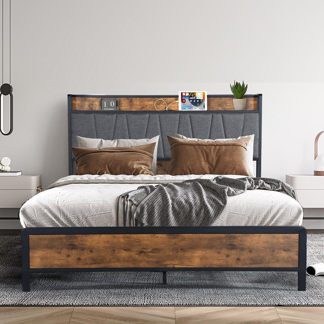 Eras Bed Frame Tufted Headboard USB Charge - Wood & Black Queen