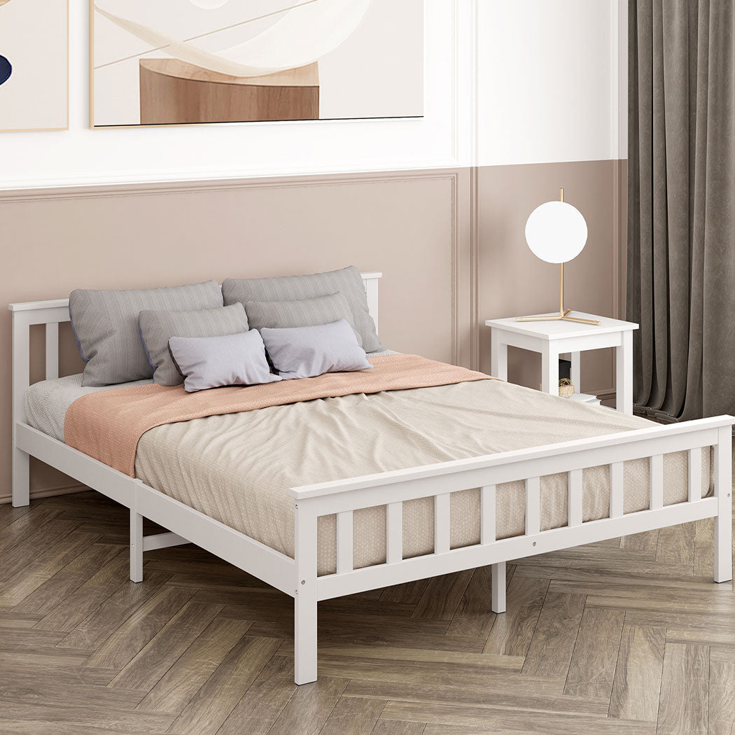 Mia Wooden Bed Frame Base Solid Timber Pine Wood White - Queen