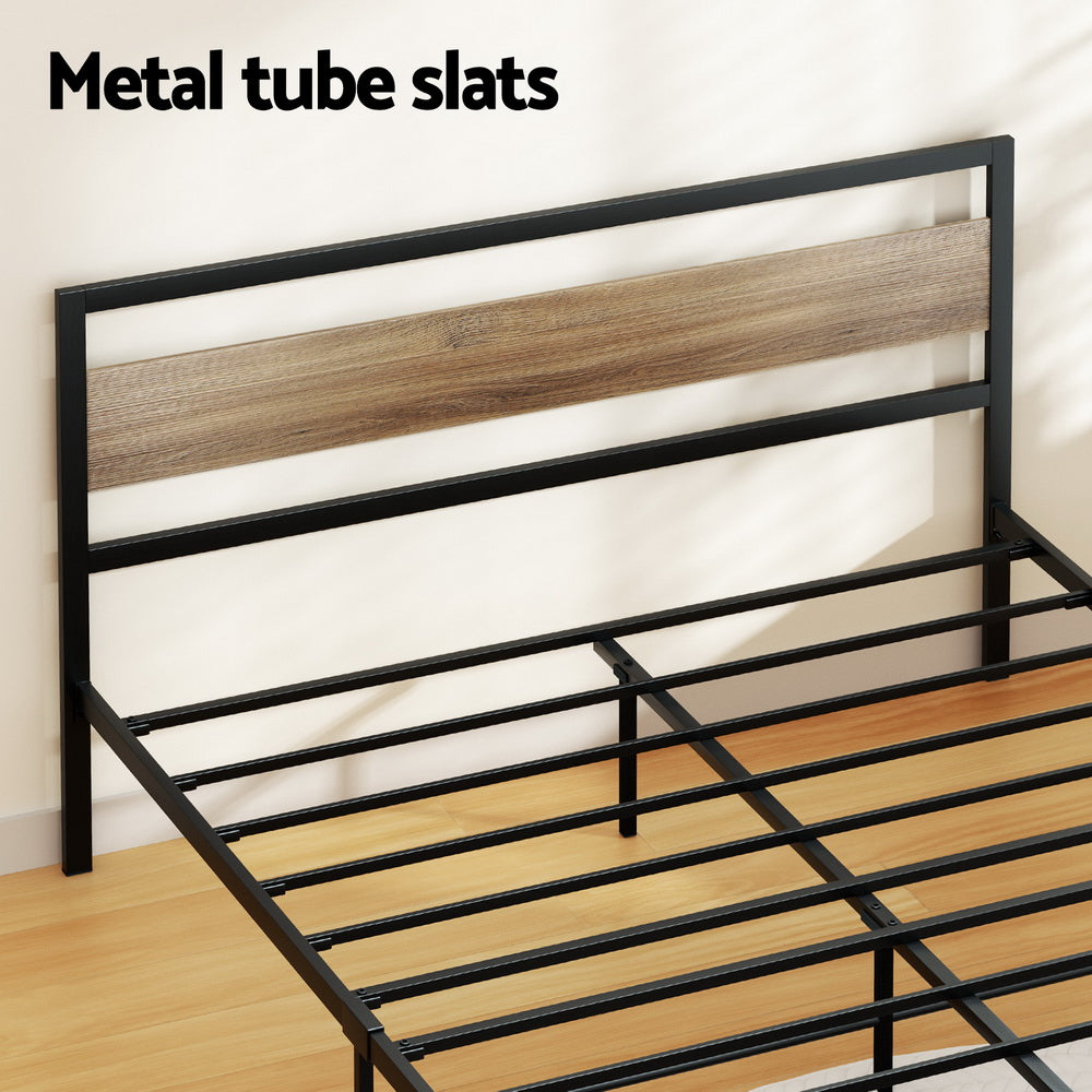 Havana Metal Bed Frame Wooden Headboard no Drawers - Black Double