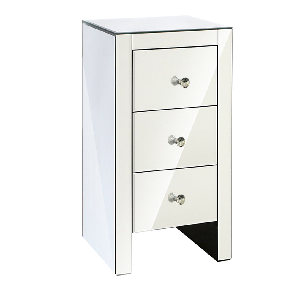 Rouyn Mirrored Bedside Tables Mirrored Furniture Mirror Glass with 3 Drawers - Silver