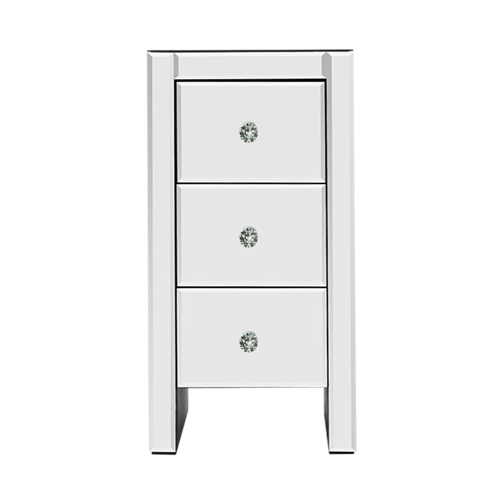 Rouyn Mirrored Bedside Tables Mirrored Furniture Mirror Glass with 3 Drawers - Silver