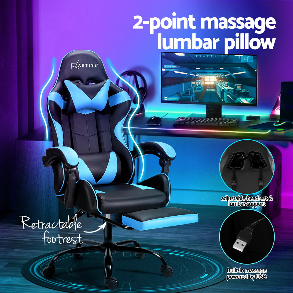 Artiss 2 Point Massage Gaming Office Chair Footrest Cyan Blue