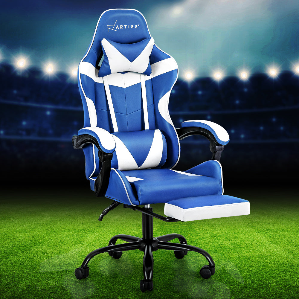 Spyro Executive Gaming Office Chair Computer Leather Footrest - White & Blue